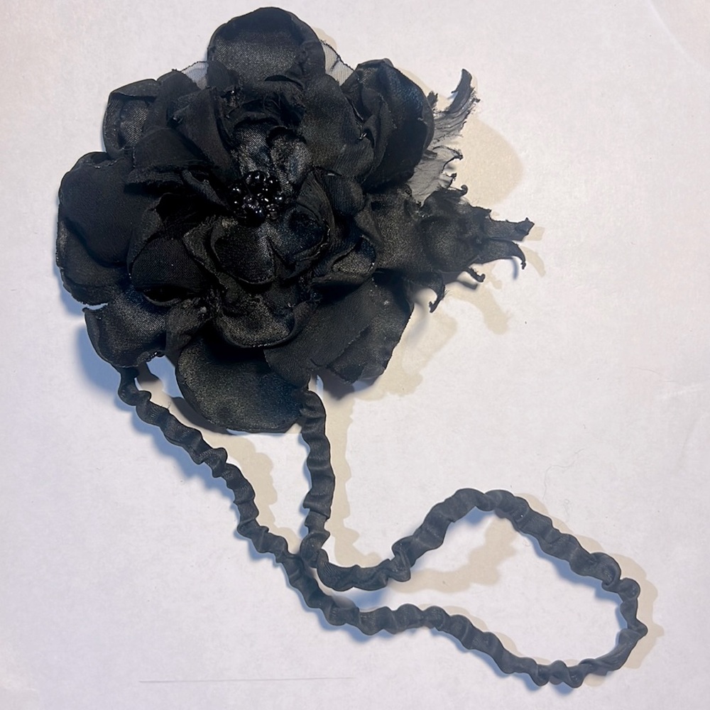 Chiffon and satin hair headband with black handcrafted rose rosette.